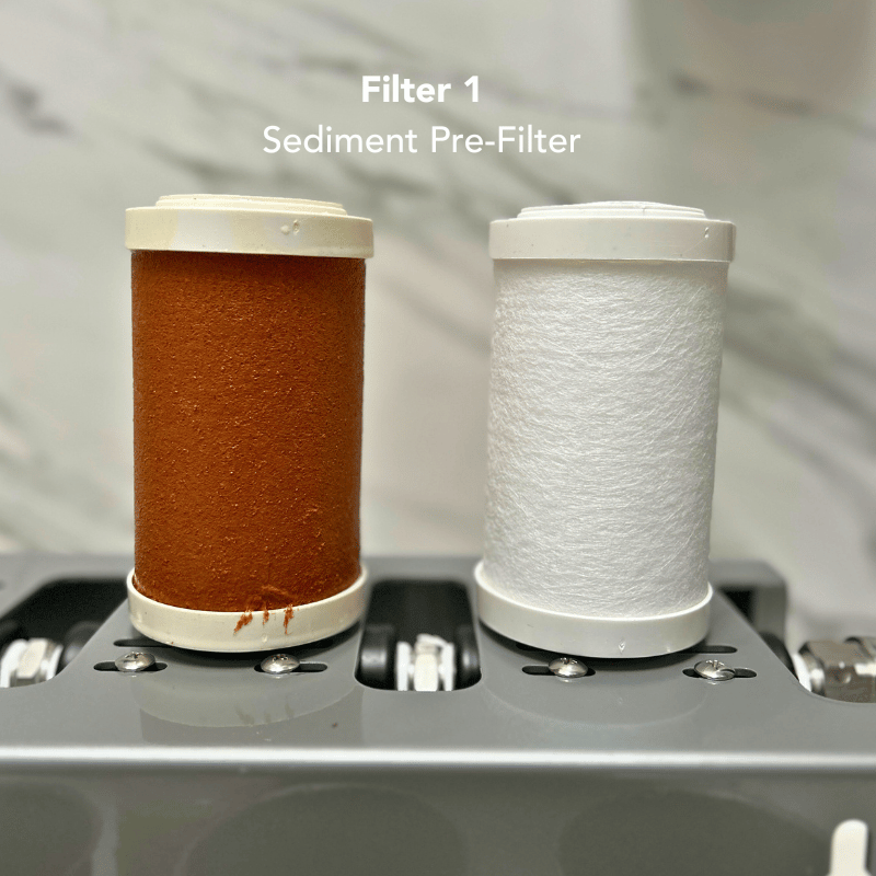 A used sediment pre-filter compared to a new sediment pre-filter.